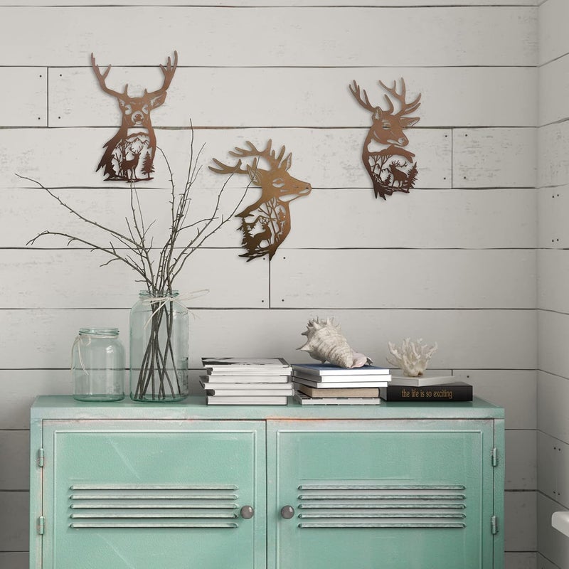 J-Fly Deer Metal Wall Art 9 Inch Deer Silhouette Wall Decor Rustic Forest Hunting Sign Woodland Valentine Decor for Fence Patio Porch Farmhouse Indoor for Living Room Bedroom Bathroom 3 Piece Set - Image 3